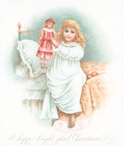 Mädchen steht am Weihnachtsmorgen mit Geschenk auf, Weihnachtskarte von English School