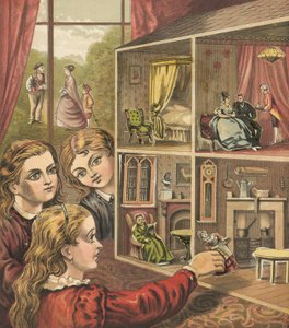 Mädchen spielen mit einem Puppenhaus von English School