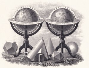 Globen der Erde und des Himmels mit geometrischen Formen von English School