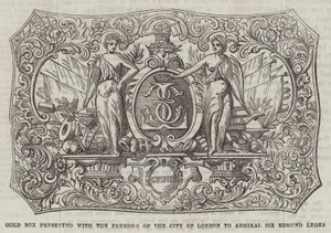 Goldene Schatulle, überreicht mit der Freiheit der Stadt London an Admiral Sir Edmund Lyons (Gravur) von English School