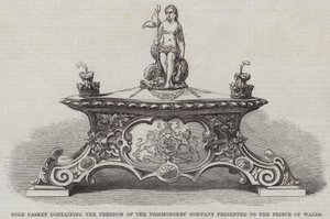 Goldene Schatulle mit der Freiheit der Fischhändler-Gesellschaft, dem Prinzen von Wales überreicht von English School