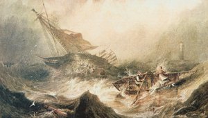 Grace Darling und ihr Vater rudern zur Rettung des vor der Küste von Northumberland gestrandeten Forfarshire (Aquarell) von English School