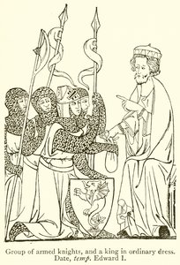 Gruppe bewaffneter Ritter und ein König in gewöhnlicher Kleidung. Datum, Temp Edward I. von English School