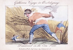 Gullivers Reise nach Brobdingnag, entdeckt im Maisfeld, 1805 von English School