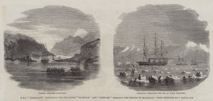 HMS "Termagant" eskortiert die Kanonenboote "Grappler" und "Forward" durch die Magellanstraße (Stich) von English School