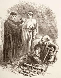 Hamlet hält den Schädel von Yorick, Illustration von Akt V, Szene I in Hamlet, aus 