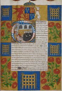 Harley 1498, f.1 Heinrich VII. überreicht die Urkunde an John Islip, Abt der Westminster Abbey, Urkunden der Westminster Abbey (Pergament)