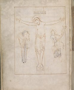 Die Kreuzigung; mit der Jungfrau und St. Johannes, der sein Zeugnis auf eine Schriftrolle schreibt, aus dem Ramsey Psalter, ca. 900-1000 von English School