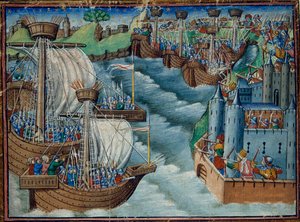 Christliche Flotte greift den Hafen von Gaeta in Italien an, gehalten von den Türken, aus Die drei Königssöhne, c.1500