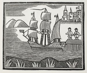 Er sticht in See auf seiner ereignisreichen Reise, Illustration aus Chap-books des achtzehnten Jahrhunderts von John Ashton, veröffentlicht 1882 von English School