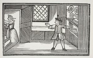 Er ging in die Speisekammer und bediente sich am Brot und Butter, Illustration aus Chap-books des achtzehnten Jahrhunderts von John Ashton, veröffentlicht 1882 von English School