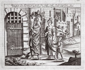 Henricus der Kaiser mit seiner Frau und seinem Kind, barfuß und barbeinig, drei Tage und drei Nächte vor den Toren von Canusuam wartend, Illustration aus Acts and Monuments von John Foxe, neunte Ausgabe