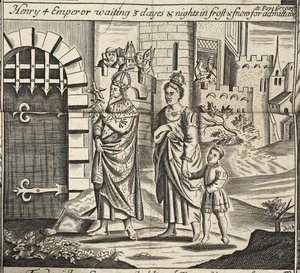 Heinrich IV. Kaiser wartet 3 Tage und Nächte im Frost und Schnee auf Einlass zu Papst Gregor, Illustration aus Acts and Monuments von John Foxe, neunte Ausgabe, veröffentlicht 1684