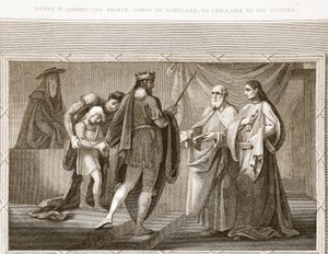 Heinrich IV übergibt Prinz James von Schottland in die Obhut seiner Lehrer, Illustration aus David Humes The History of England, veröffentlicht von R. Bowyer, London, 1812