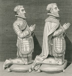 Henry Stuart, Lord Darnley und sein Bruder Charles Stuart, Earl of Lennox, kniend vor dem Grab ihrer Mutter in der Westminster Abbey, graviert von Andrew Birrell, 1796 von English School
