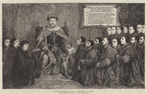Heinrich VIII. überreicht eine Charta an das College of Surgeons (Stich) von English School
