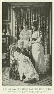 Ihre Majestät die Königin und der Baby-Prinz, mit der Prinzessin von Wales und der Herzogin von York von English School