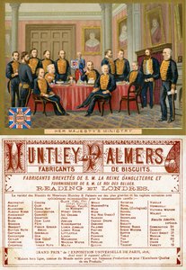 Das Ministerium Ihrer Majestät, Vorder- und Rückseite einer Werbekarte für Huntley & Palmers Biscuits, produziert für den französischen Markt ca. 1890