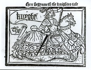Hier beginnt die Geschichte des Ritters, Illustration aus den Canterbury Tales von Geoffrey Chaucer (ca. 1345-1400) gedruckt von William Caxton (ca. 1422-91) 1434 von English School