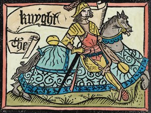 Hier beginnt die Geschichte des Ritters, Illustration aus den Canterbury Tales von Geoffrey Chaucer, gedruckt von William Caxton (spätere Kolorierung) von English School