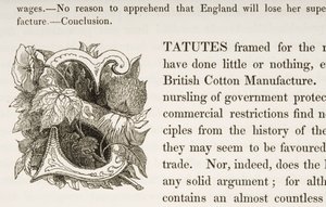 Historiierte Initiale S, aus einem Buch über die britische Baumwollherstellung