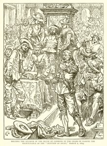 Den Sprecher des Unterhauses im Stuhl festhaltend bei der Verabschiedung der Petition of Right, 2. März 1629 von English School
