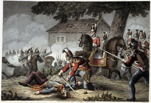 Horse Guard auf dem Schlachtfeld von Waterloo in „Historical, military and naval anecdotes and incidents that arrived at the British Armies and their allies, ending at Waterloo“ von Edward Orme. Illustriert von Fry, Sutherland, Clark, Dubourg, W.Heart, JA, von English School