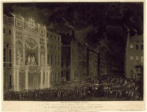 Haus am Portman Square des französischen Botschafters, beleuchtet zur Feier des Friedens, 29. April 1802 von English School