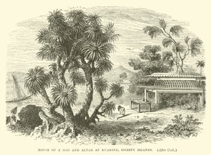 Haus eines Gottes und Altar in Huahine, Gesellschaftsinseln, nach Cook von English School