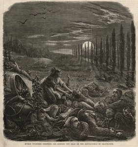 Menschliche Geier plündern und berauben die Toten auf dem Schlachtfeld von Gravelotte (Gravur) von English School