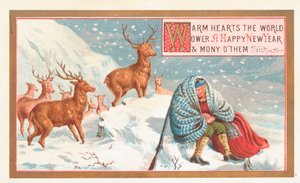 Jäger und Hirsche im Schnee, Neujahrskarte von English School