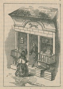 Illustration eines Mannes, der aus einem Laden tritt von English School