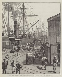 Indische Truppen für Birma, die 7. Bengalische Kavallerie geht in Kalkutta an Bord des Dampfschiffs Nerbudda (Gravur) von English School