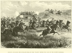 Indianer greifen die Overland Mail auf den Ebenen vor den Tagen der Pazifik-Eisenbahn an von English School