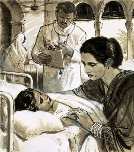 Indira Gandhi wacht über ein Kind im Krankenhaus von English School