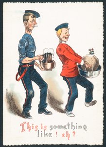 Betrunkene Herren tragen Pflaumenpudding und Getränk (Humorvoll), Weihnachtskarte von English School