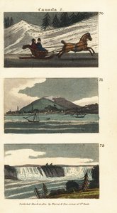 Einwohner von Quebec fahren mit einer Pferdekutsche oder einem Schlitten auf Eis, Blick auf Montreal und Blick auf die Niagarafälle