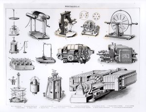 Instrumente zur Entdeckung und Nutzung von Elektrizität, von 1 bis 15, Nr. 1 Elektrophor; Nr. 2 Kondensations-Elektroskop; Nr. 3 Leydener Flasche und Pith-Bälle; Nr. 4 Zylindrische Reibungsmaschine; Nr. 5 von English School