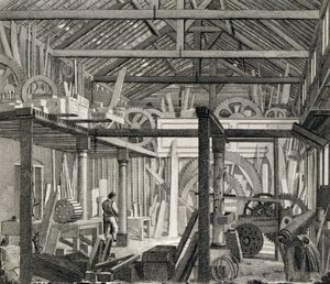 Innenansicht des Versammlungshauses von John Bunyan in der Zoar Street, Gravel Lane, Southwark, genutzt als Werkstatt und Sägewerk, ca. 1822