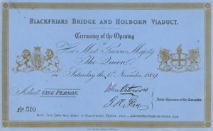 Einladung zur Eröffnung der Blackfriars Brücke und des Holborn Viadukts von English School