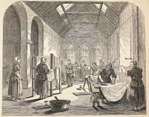 Bügelraum im Brixton-Gefängnis, Illustration aus The Criminal Prisons of London and Scenes from Prison Life von Henry Mayhew und John Binny, veröffentlicht 1862