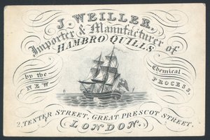J. Weiller, Importeur und Hersteller von Hambro-Federn, 2 Tenter Street, Visitenkarte von English School