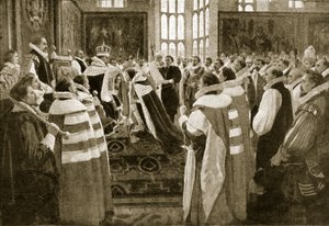 James I. investiert seinen Sohn Charles als Prinz von Wales, 1616, Illustration aus Hutchinsons Geschichte der britischen Nation, ca. 1923
