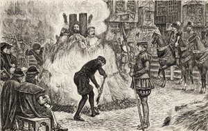 John Bland, John Frankesh, Nicholas Sheterden und Humphrey Middleton lebendig verbrannt wegen Ketzerei im 16. Jahrhundert, um 1865 (Holzstich)