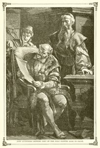 Johannes Gutenberg zeigt einen Teil des ersten gedruckten Buches Faust von English School