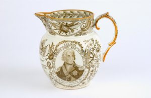 Krug mit Transferdesigns zur Erinnerung an die Schlachten und Ehren von Horatio Nelson (1758-1805), ca. 1805