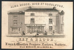 Key and Bloor, Groß- und Einzelhändler für Leinen- und Wollwaren, Schneider, Hutmacher, Seidenhändler, Modisten, Visitenkarte von English School