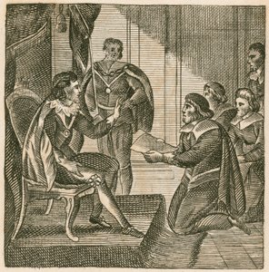König Karl I. erhält eine Petition des Unterhauses, ihnen die Macht zur Aufstellung von Armeen zu übertragen (Gravur) von English School