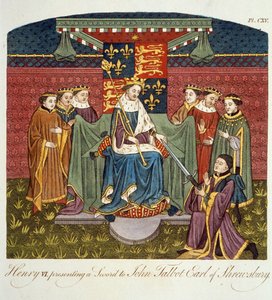 König Heinrich VI. (1421-71) überreicht ein Schwert an John Talbot (ca. 1388-1453) Earl of Shrewsbury, Illustration aus The Complete View of the Dress and Habits of the People of England Volume II, veröffentlicht 1799 von English School