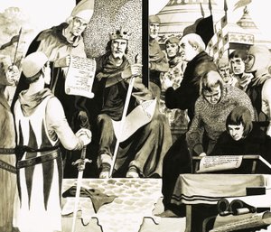 König Johann bereitet sich darauf vor, die Magna Carta in Runnymede zu unterzeichnen